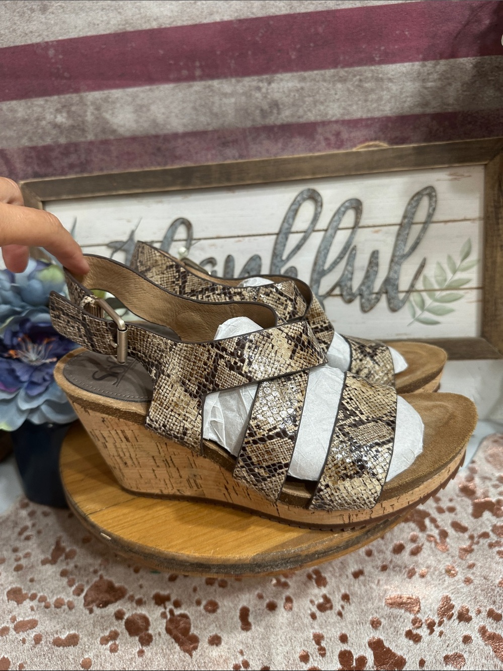 Sofft Women's Snake-Print Cork Wedge Sandals in Taupe and Beige